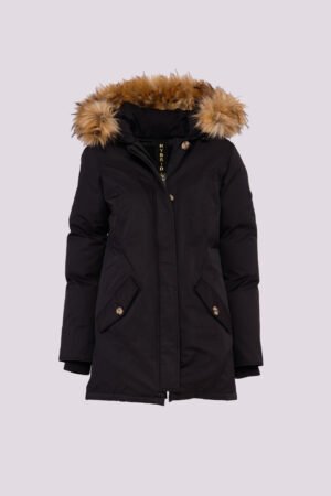 CAPPOTTO tipo parka con tasche diagonali e pelliccia sul cappuccio