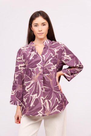 BLUSA fantasia floreale con manica a tre quarti colletto alla coreana aperto sul davanti
