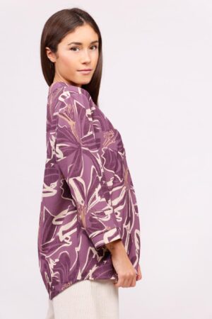 BLUSA fantasia floreale con manica a tre quarti colletto alla coreana aperto sul davanti