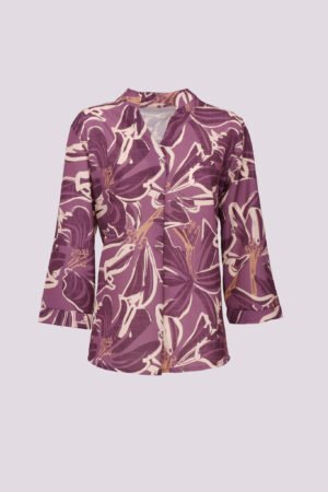 BLUSA fantasia floreale con manica a tre quarti colletto alla coreana aperto sul davanti