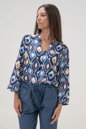 BLUSA in denim con legaccio in vita e risvolti