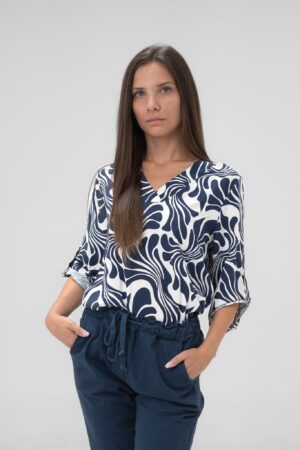 BLUSA scollo a V fantasia a contrasto maniche a tre quarti