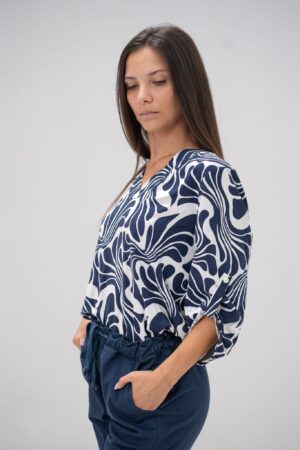 BLUSA scollo a V fantasia a contrasto maniche a tre quarti