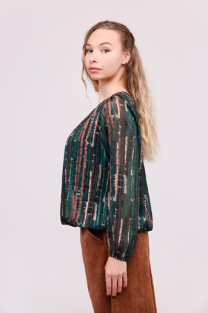 BLUSA fantasia a righe con maniche a sbuffo e pieghe sul davanti