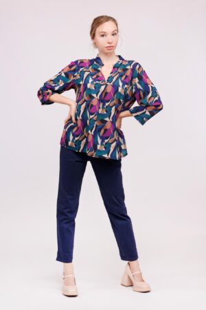 BLUSA fantasia foliage con maniche a sbuffo e colletto alla coreana aperto sul davanti ONEWORLD HYBRID