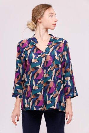 BLUSA fantasia foliage con maniche a sbuffo e colletto alla coreana aperto sul davanti