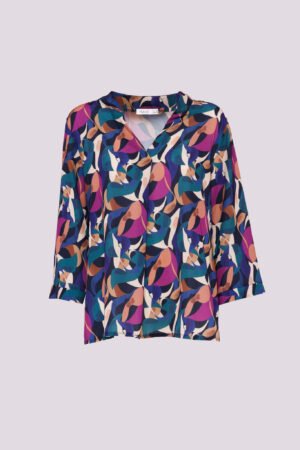 BLUSA fantasia foliage con maniche a sbuffo e colletto alla coreana aperto sul davanti