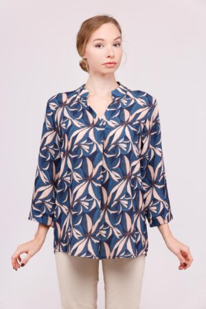 BLUSA fantasia di fiori con manica a tre quarti e colletto alla coreana aperto sul davanti