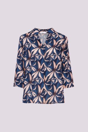 BLUSA fantasia di fiori con manica a tre quarti e colletto alla coreana aperto sul davanti