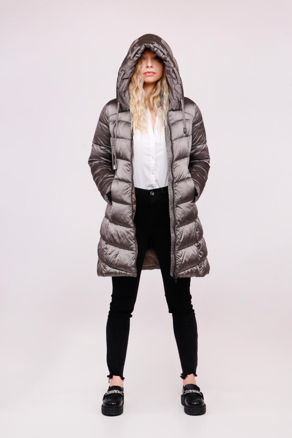 CAPPOTTO piumino lungo con doppio cordino e occhielli sul cappuccio ONEWORLD HYBRID