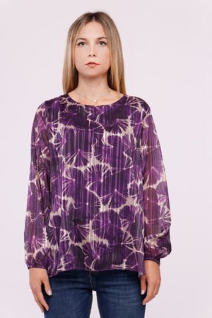 BLUSA fantasia foliage a girocollo con maniche a sbuffo