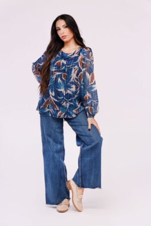 BLUSA fantasia di fiori a girocollo con maniche a sbuffo ONEWORLD HYBRID