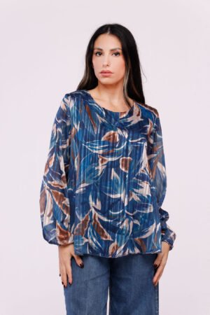 BLUSA fantasia di fiori a girocollo con maniche a sbuffo
