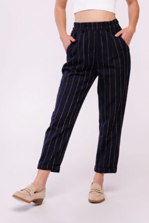 PANTALONE gessato con risvolti alle caviglie e elastico in vita