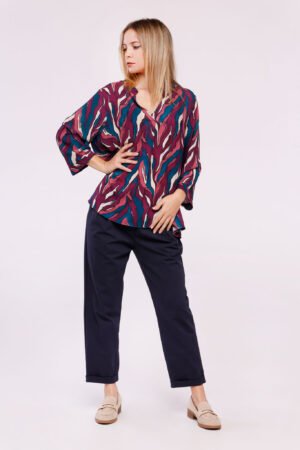 BLUSA fantasia astratta multicolor con scollo alla coreana aperto sul davanti ONEWORLD HYBRID