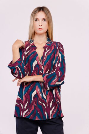 BLUSA fantasia astratta multicolor con scollo alla coreana aperto sul davanti
