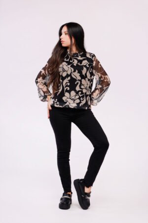 BLUSA fantasia floreale con collo alto e mancihe a sbuffo ONEWORLD HYBRID