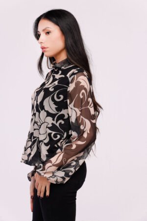 BLUSA fantasia floreale con collo alto e mancihe a sbuffo