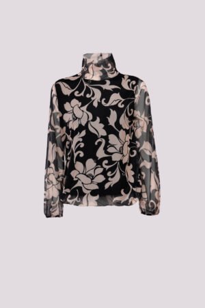 BLUSA fantasia floreale con collo alto e mancihe a sbuffo