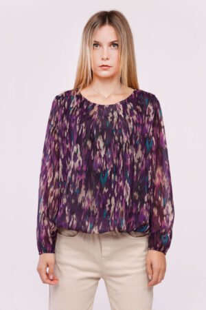 BLUSA a girocollo fantasia a schizzi di colore ed elastico sui bordi
