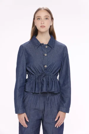 BLUSA denim comoda con cordino regolatore in vita e bottoni metallici sullo scollo