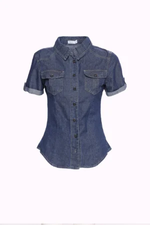 CAMICIA denim a manica corta risvoltata con taschini sul davanti di tendenza