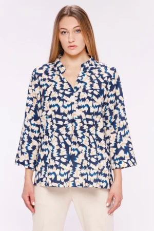 BLUSA Stampa fantasia con colletto alla coreana aperto a V e manica a tre quarti