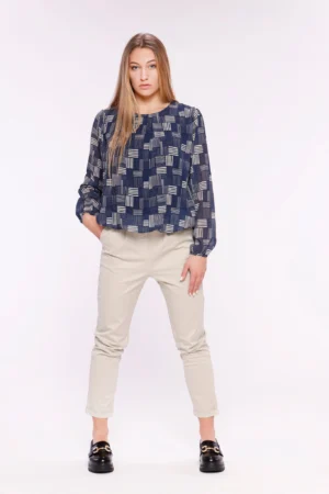 BLUSA A fantasia geometrica scollo a giro ed elastico in vita ONEWORLD HYBRID