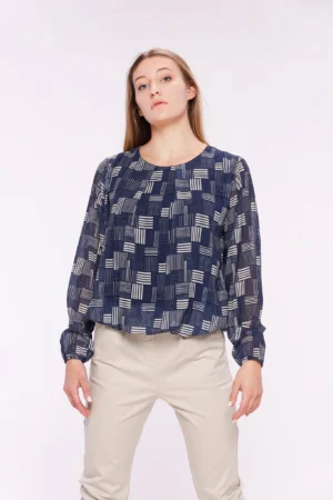 BLUSA A fantasia geometrica scollo a giro ed elastico in vita