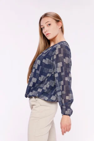 BLUSA A fantasia geometrica scollo a giro ed elastico in vita