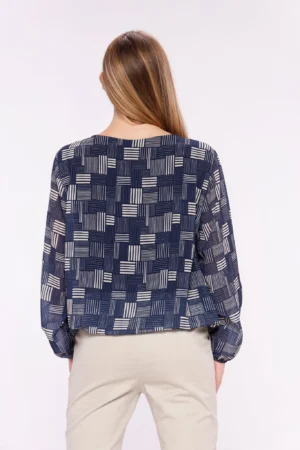 BLUSA A fantasia geometrica scollo a giro ed elastico in vita