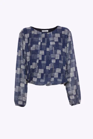 BLUSA A fantasia geometrica scollo a giro ed elastico in vita