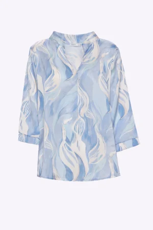 BLUSA fantasia astratta con collo alla coreana aperto a V e manica a tre quarti