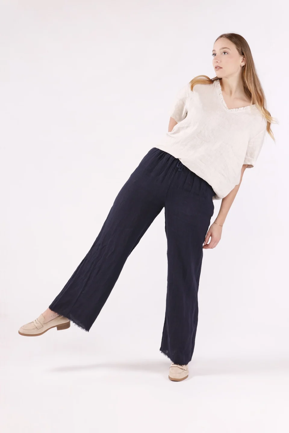 PANTALONE a palazzo in fresco lino con frange alle caviglie ONEWORLD HYBRID