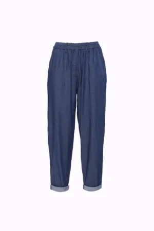 PANTALONE denim a sigaretta con passanti alla cintura ed elastico in vita