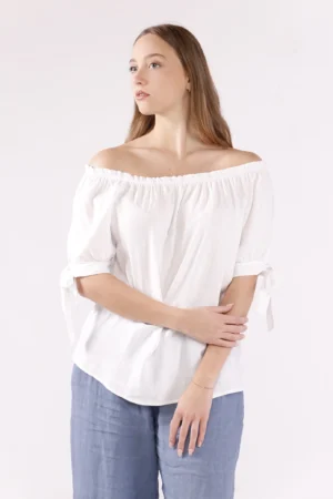 BLUSA a manica corta con scollo arricciato e laccetti ai bordi delle maniche