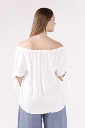 BLUSA a manica corta con scollo arricciato e laccetti ai bordi delle maniche