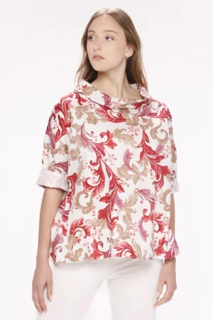BLUSA fantasia foliage con scollo a barca risvoltato e manica a tre quarti