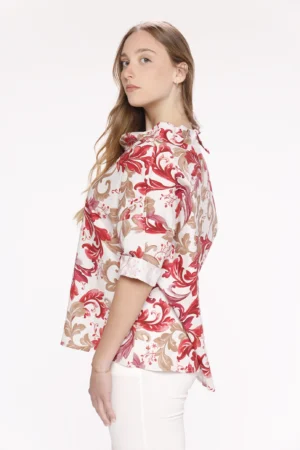 BLUSA fantasia foliage con scollo a barca risvoltato e manica a tre quarti