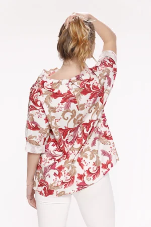BLUSA fantasia foliage con scollo a barca risvoltato e manica a tre quarti