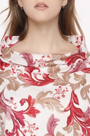 BLUSA fantasia foliage con scollo a barca risvoltato e manica a tre quarti