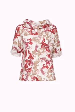 BLUSA fantasia foliage con scollo a barca risvoltato e manica a tre quarti
