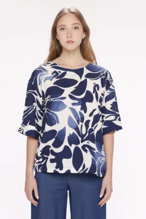 BLUSA fantasia di fiori con manica a kimono e scollo a barchetta