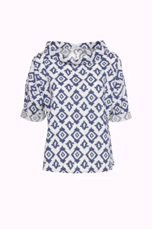 BLUSA fantasia di rombi con manica a tre quarti e scollo a barchetta