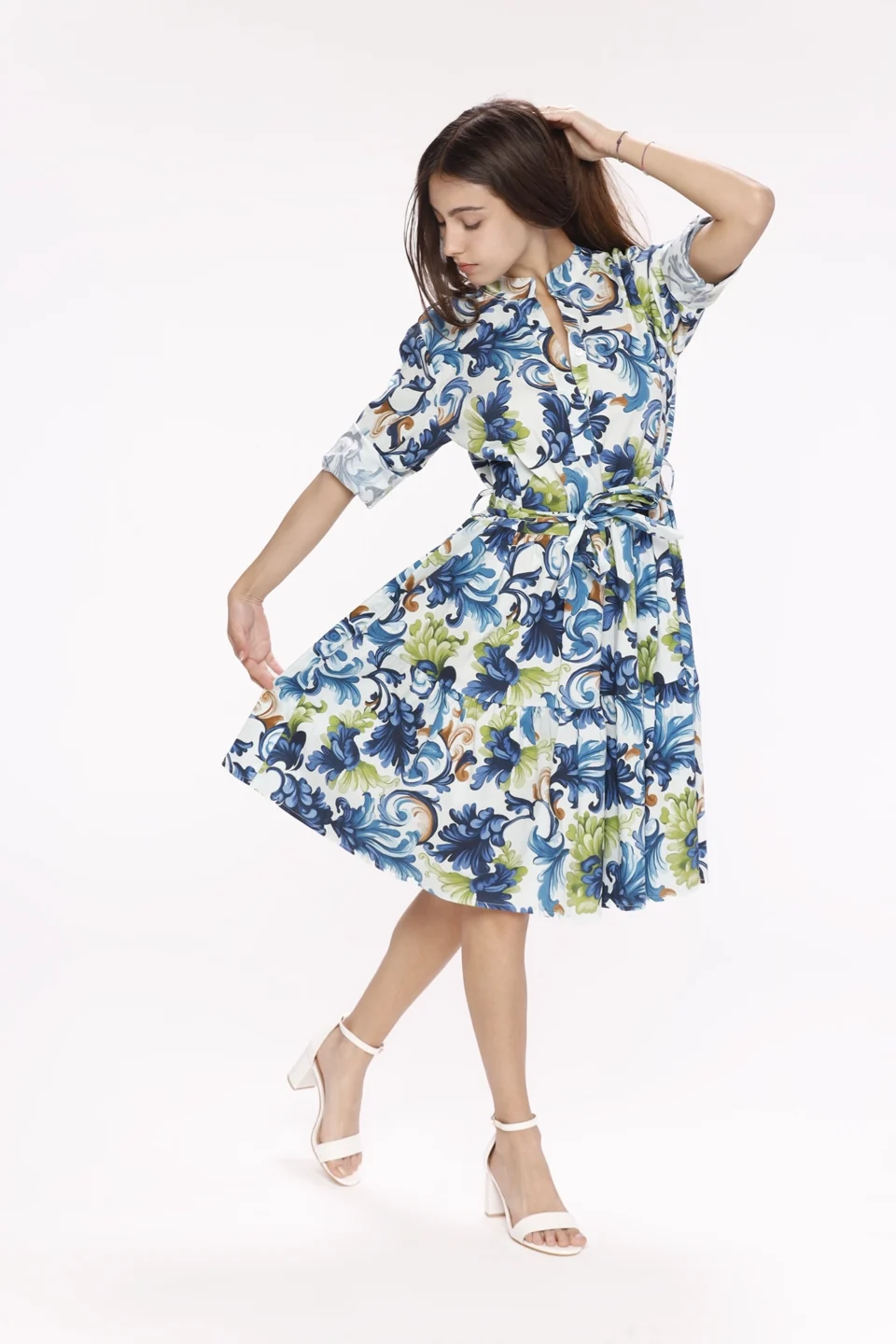 ABITO fantasia di fiori a manica lunga e bottoni su scollo alla coreana ONEWORLD HYBRID