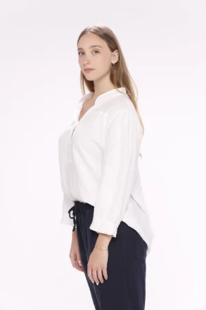 BLUSA a manica lunga con colletto alla coreana aperto a V e cuciture arricciate al petto