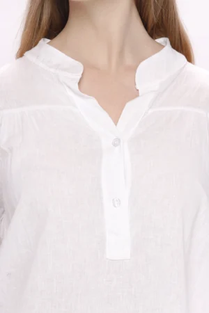BLUSA a manica lunga con colletto alla coreana aperto a V e cuciture arricciate al petto