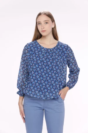 BLUSA a girocollo con fantasia di fiori ed elastico sui bordi