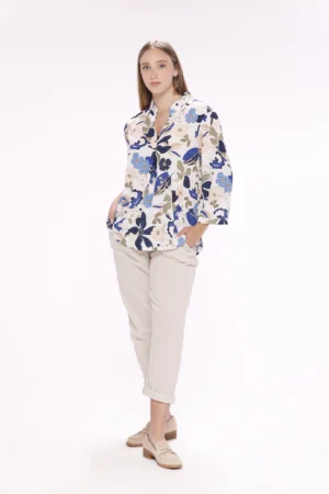 BLUSA fantasia di fiori con colletto alla coreana aperto a V e manica a tre quarti ONEWORLD HYBRID