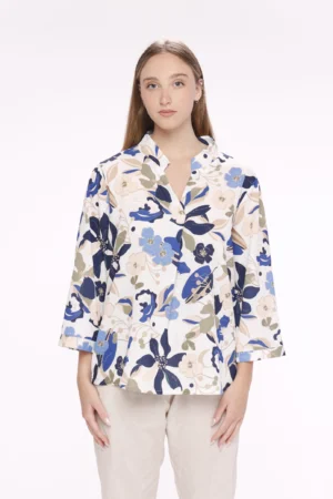 BLUSA fantasia di fiori con colletto alla coreana aperto a V e manica a tre quarti